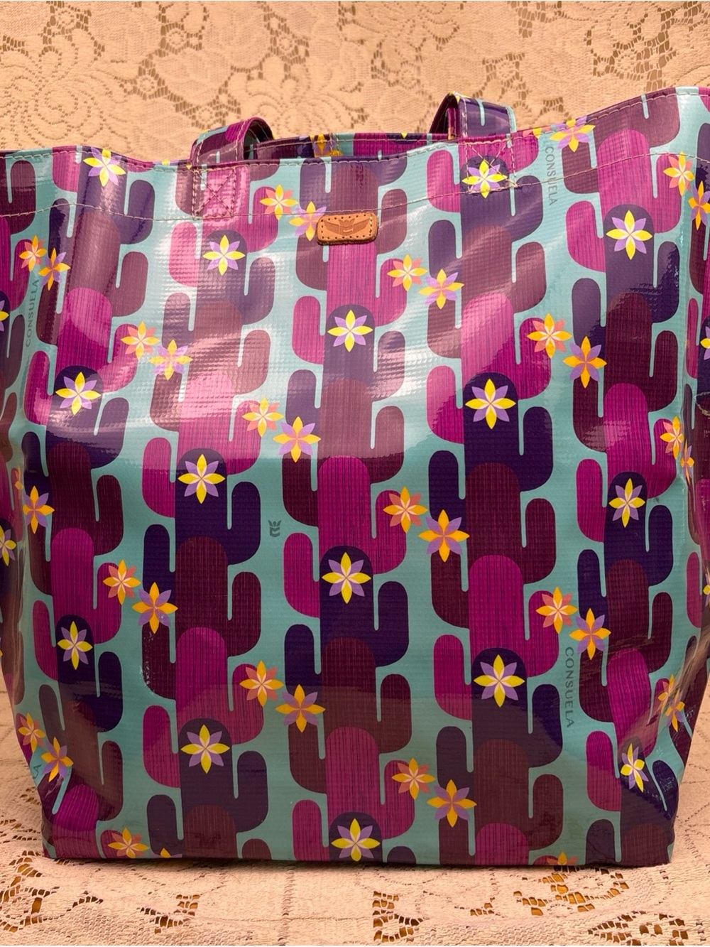 Consuela Teal and Purple Cactus Floral Tote